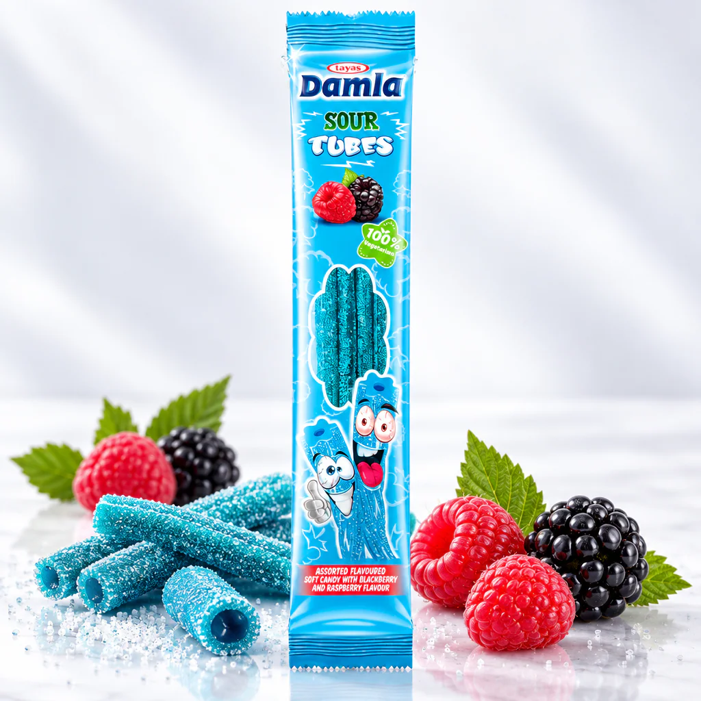 Мармелад жевательный DAMLA кислые трубочки со вкусом малины и ежевики 30г 1/24 (Турция)